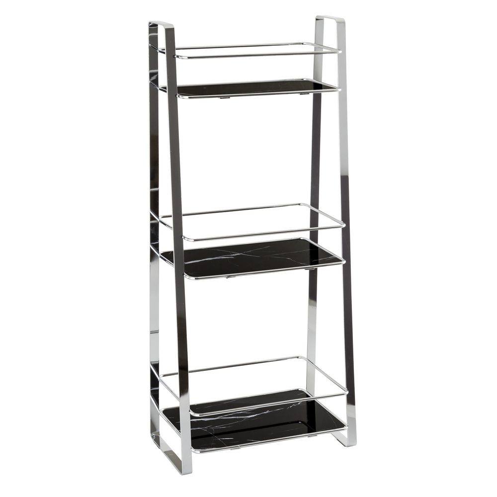 Fürdőszobai polcos állvány, 3 szintes, fekete márvány–ezüst