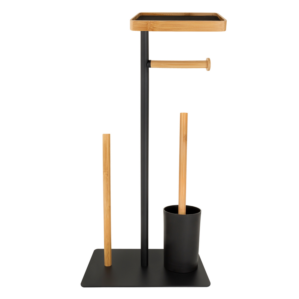 WC-garnitúra állvány kefével, bambusz polccal, matt fekete