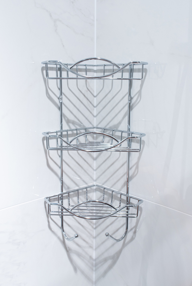Sarokpolc, 3 szintes, akasztókkal, krómozott, 41 cm – 3. kép